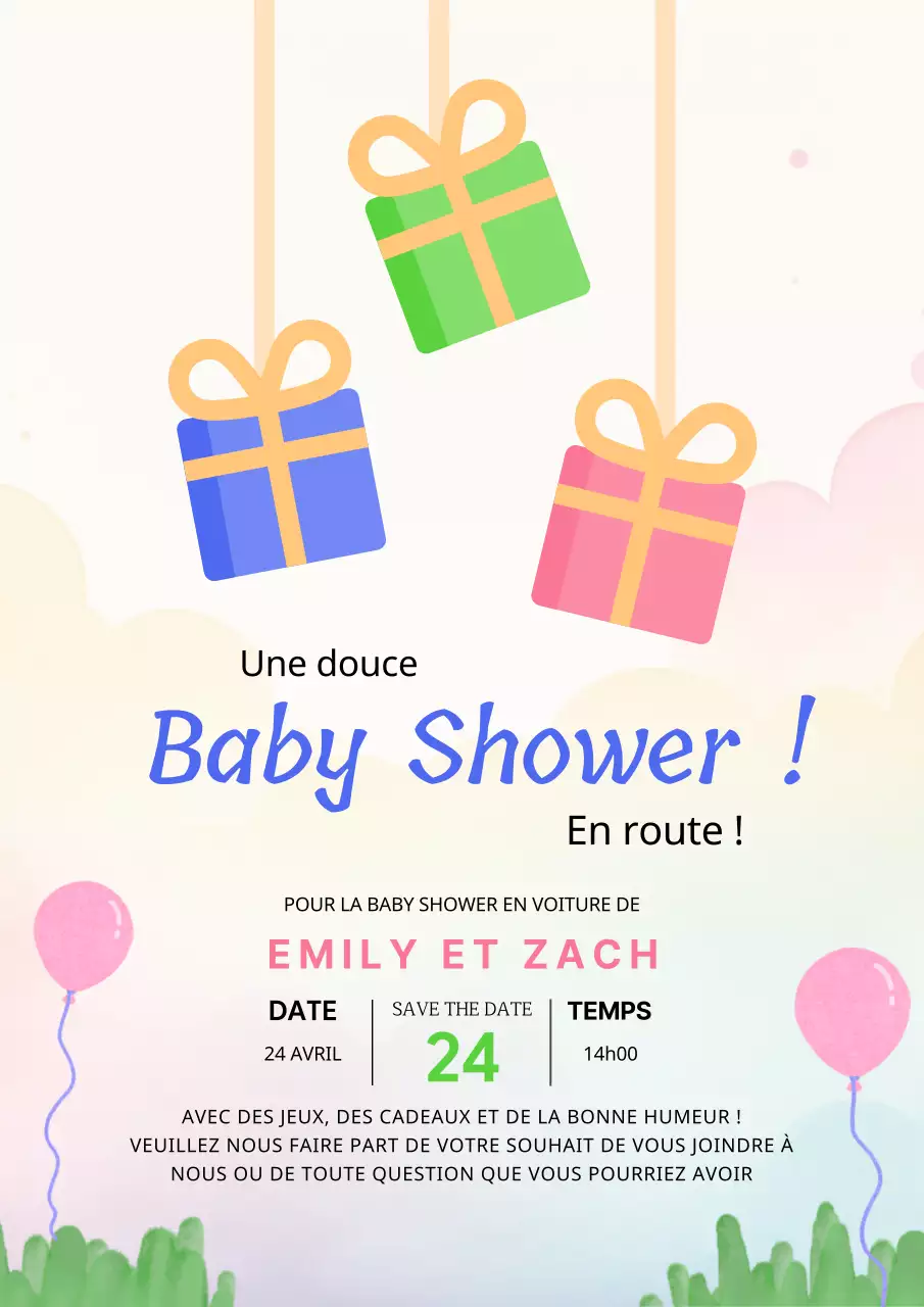 Invitation à la fête de bébé rose et bleu ludique