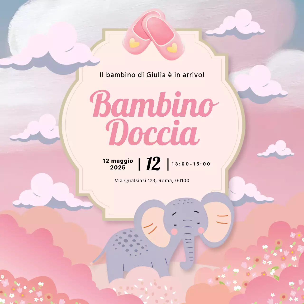 Invito per baby shower con illustrazione di elefante grigio e rosa