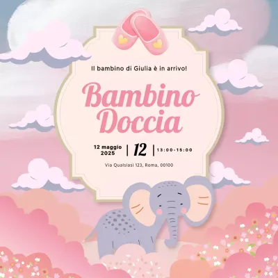 Invito per baby shower con illustrazione di elefante grigio e rosa
