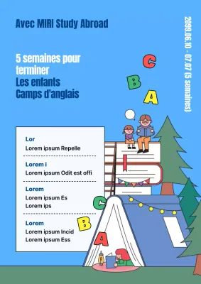 Flyer promotionnel pour un camp d'été pour enfants en anglais sur fond bleu clair