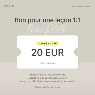 Promouvoir un coupon pour un cours de Pilates moderne dans les tons beige et jaune