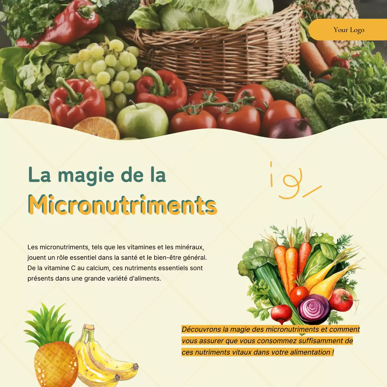 Publicité verte et jaune pour les aliments sains et les régimes alimentaires modernes