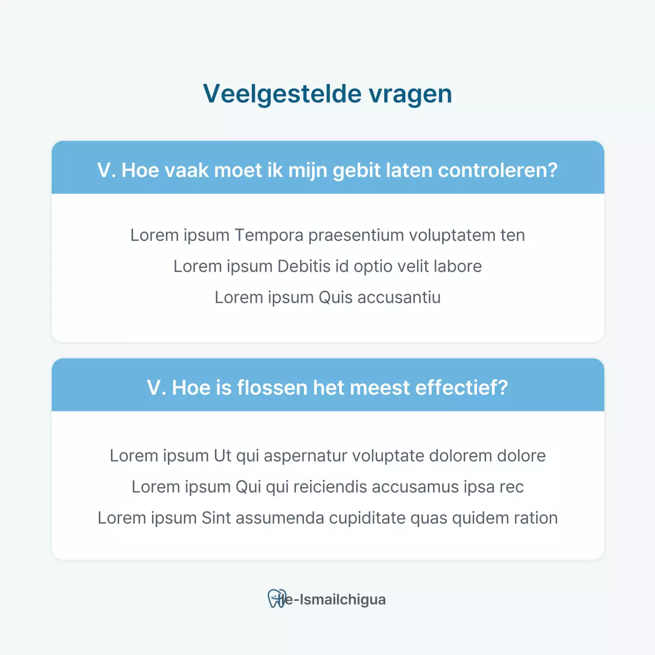 Een eenvoudige tandartspraktijk in wit en lichtblauw om de praktijk te promoten Q&APromoot de praktijk