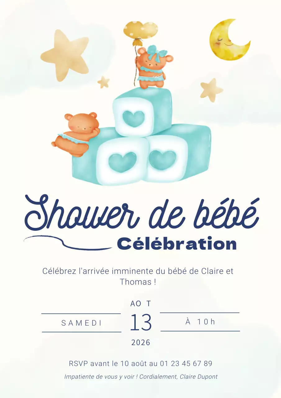 Invitation à la fête de naissance d'un garçon moderne, blanc et bleu