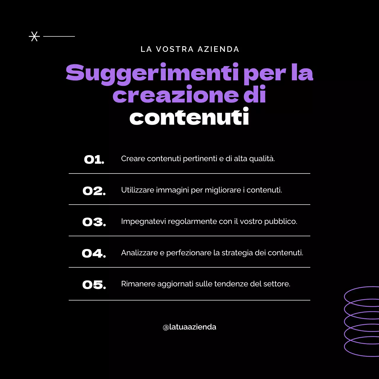 Pubblicità moderna di marketing dei contenuti in nero e viola