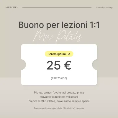 Promuovete un coupon per un'esperienza di lezione di Pilates moderna in beige e giallo