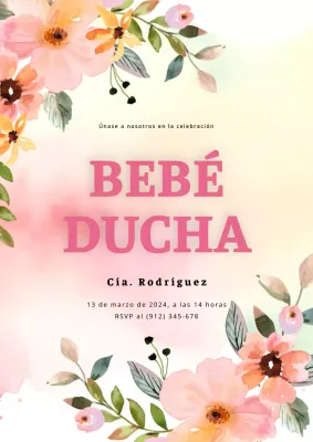 Invitación de baby shower rosa y crema con delicadas flores