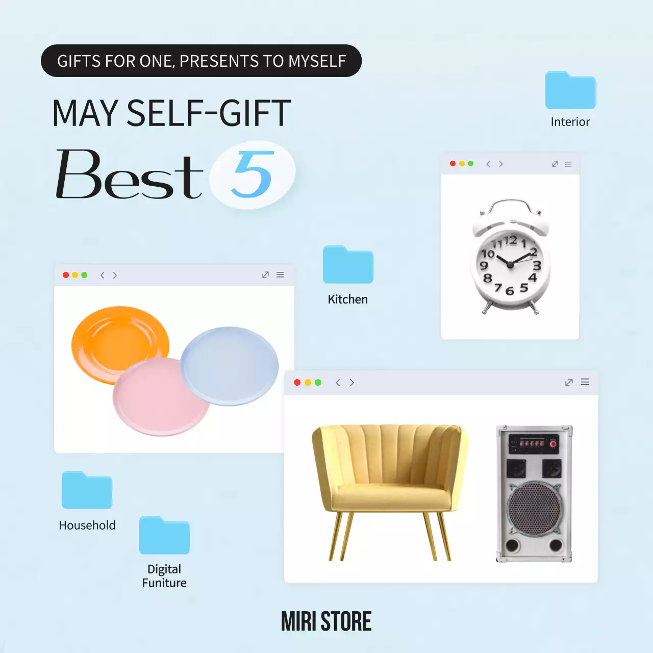 Self-gifting recommendations for May in light blue, on-trend for Mother's Day