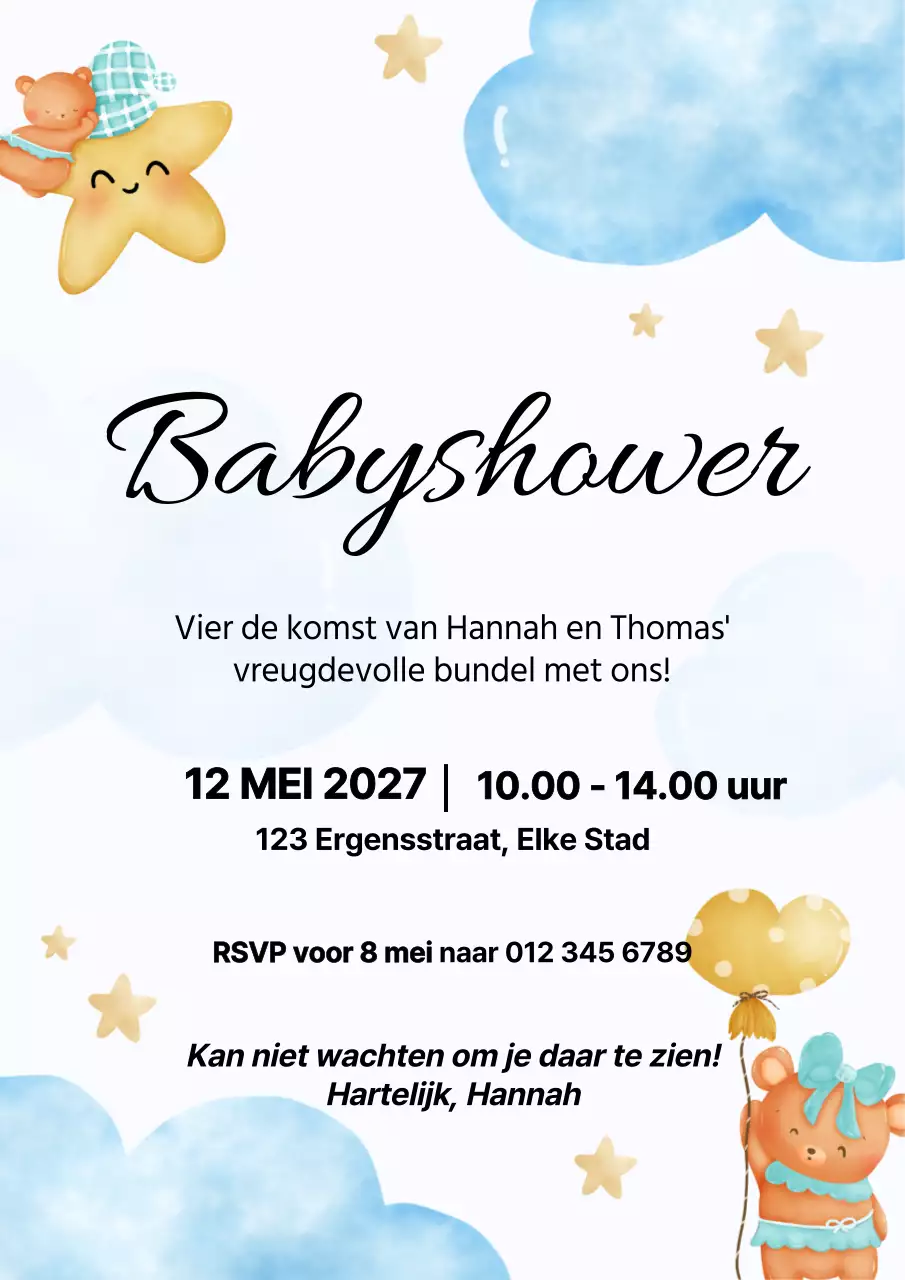 Blauw en Wit Moderne Baby Shower Feestelijke Uitnodiging