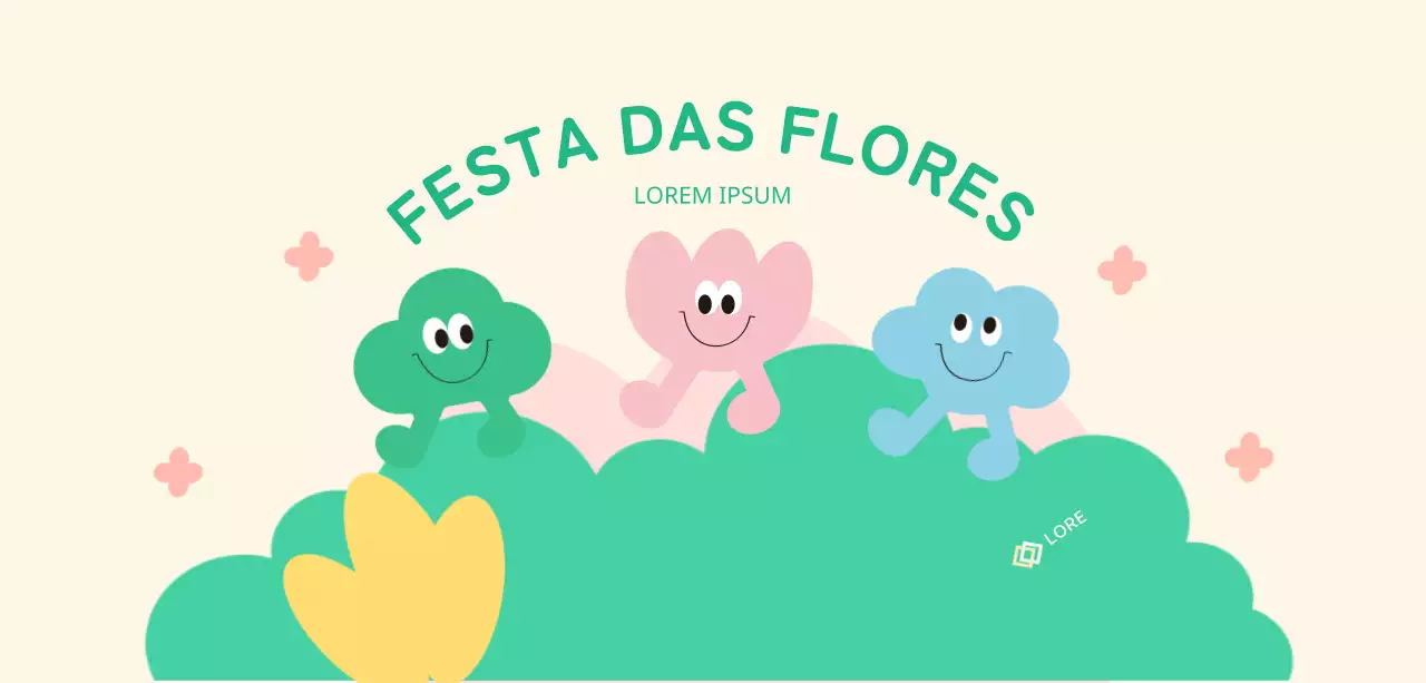 Um festival de flores de cores vivas, com personagens engraçadas e flores, nuvens e relva