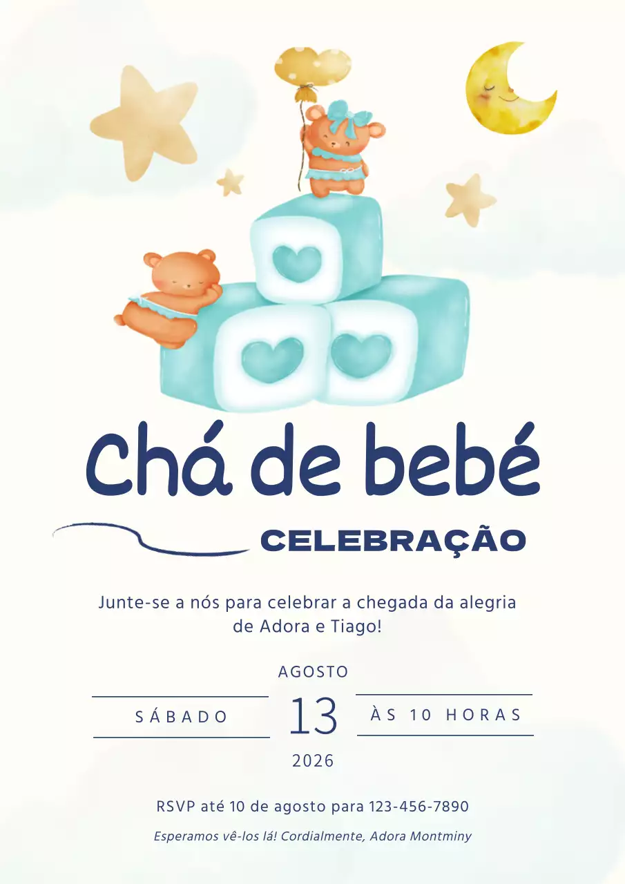 Convite de chá de bebé para menino moderno branco e azul