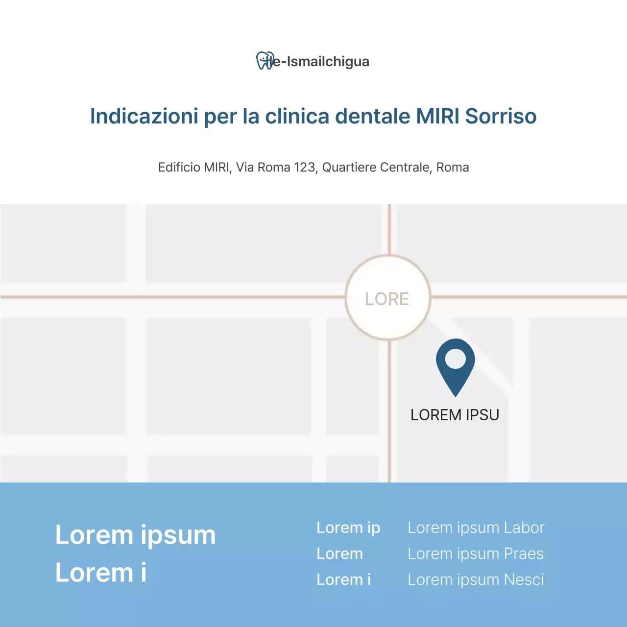 Promozione di una semplice clinica dentale bianca e azzurra per promuovere lo studio.