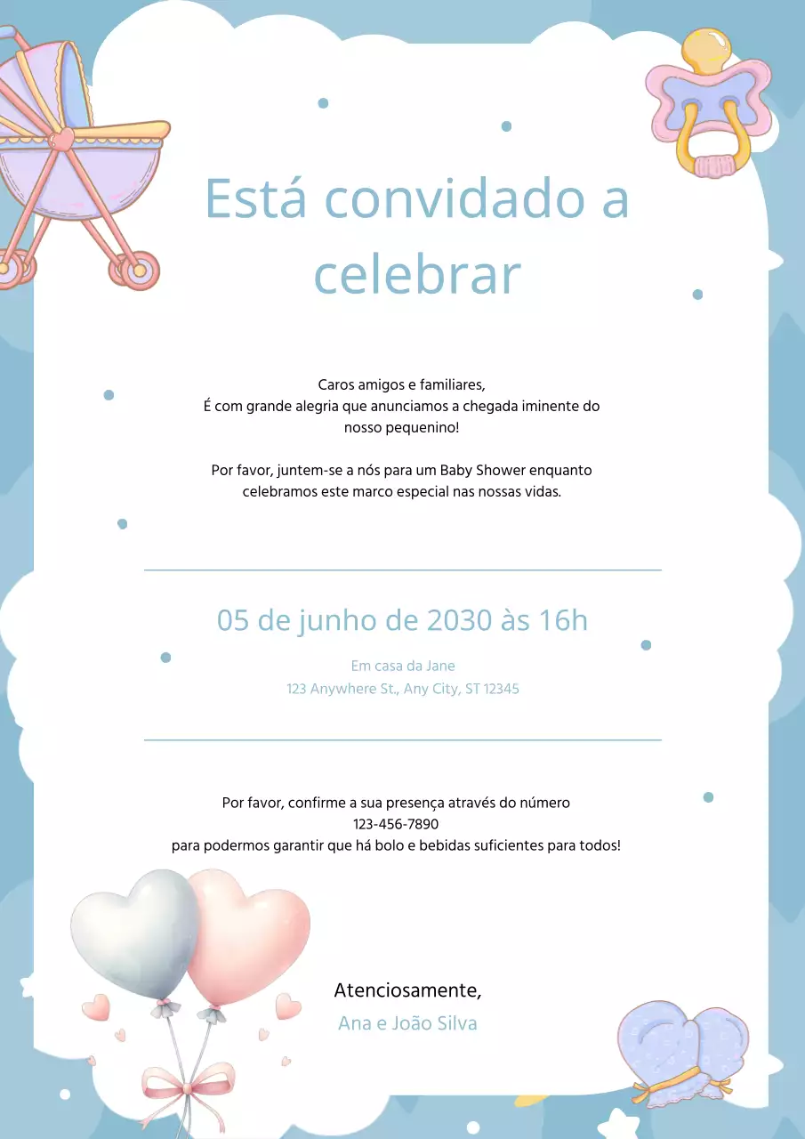 Convite de chá de bebé de animação azul celeste
