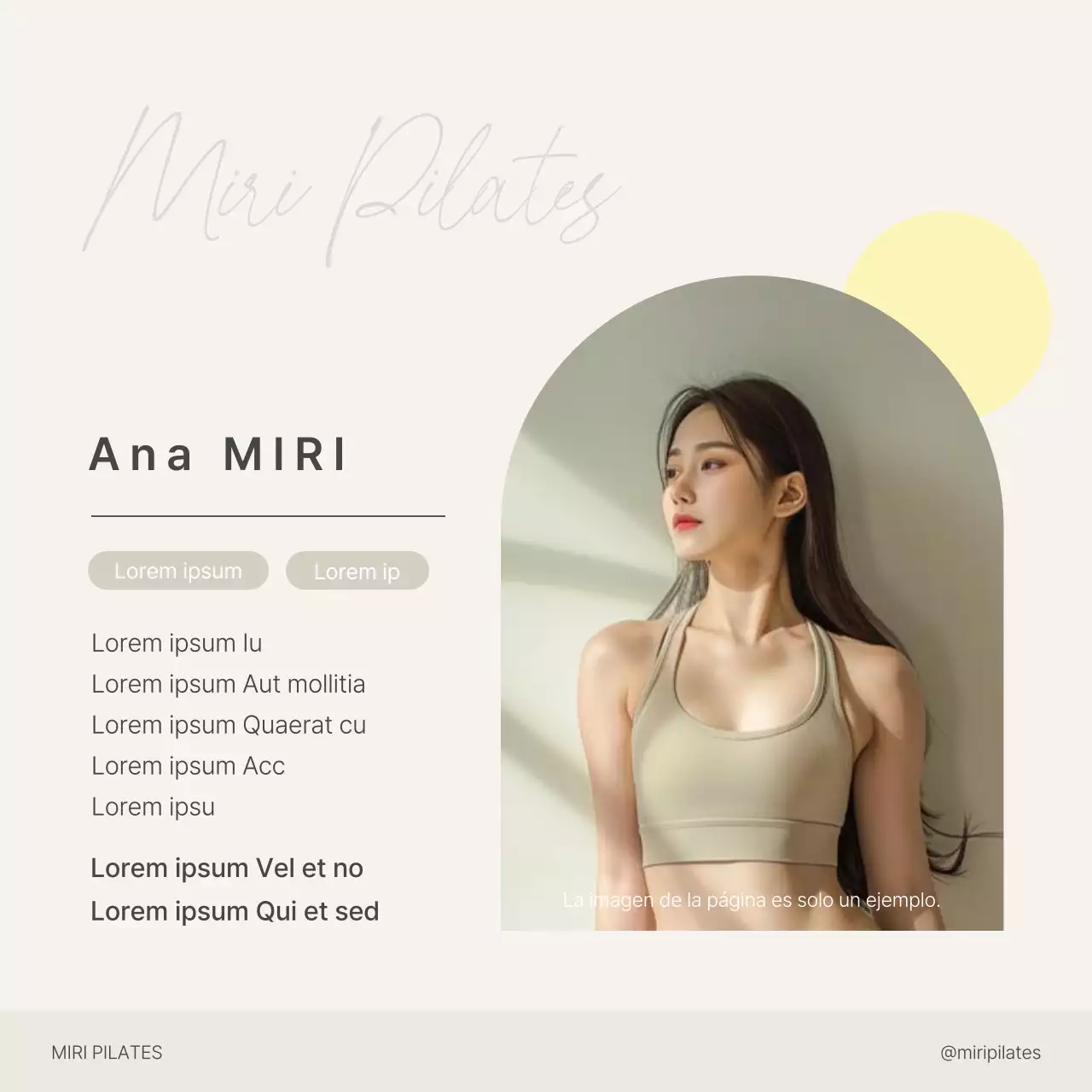 Marketing en redes sociales de Modern Pilates en beige y amarillo para promocionar la presentación de instructores