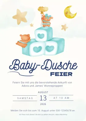 Weiß und Blau Modern Boy Baby Shower Einladung