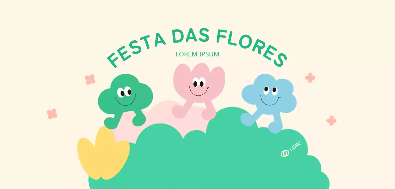 Um festival de flores de cores vivas, com personagens engraçadas e flores, nuvens e relva