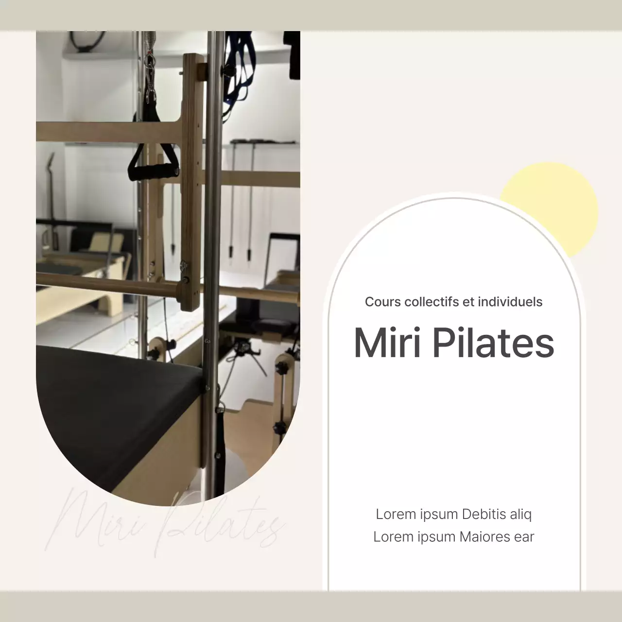 Promouvoir l'introduction d'un centre de marketing moderne de Pilates dans les médias sociaux en beige et jaune