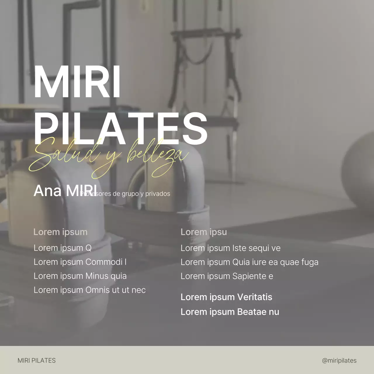 Marketing en redes sociales de Modern Pilates en beige y amarillo para promocionar la presentación de instructores