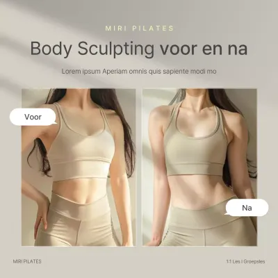 Modern Pilates social media marketing voor en na in beige en geel