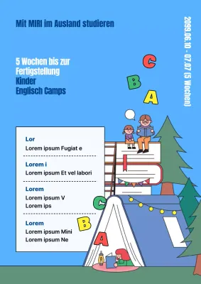 Werbeflyer für ein englisches Sommerferienlager für Kinder auf hellblauem Hintergrund