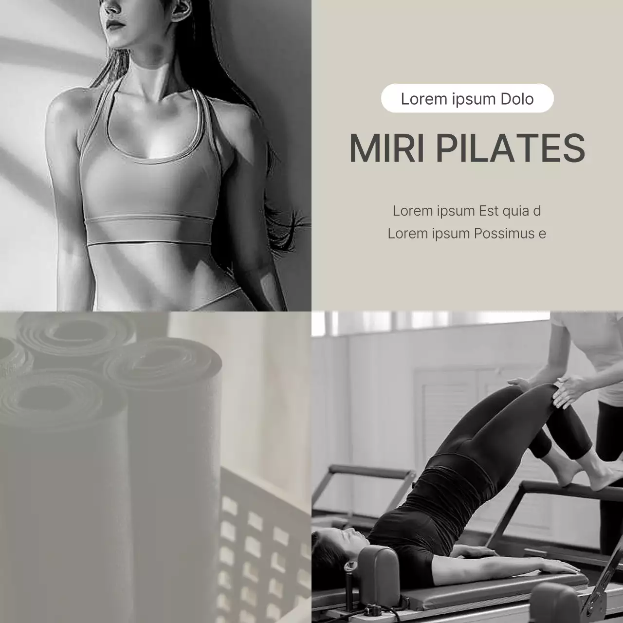 De introductie promoten van een modern Pilates social media marketing centrum in beige en geel