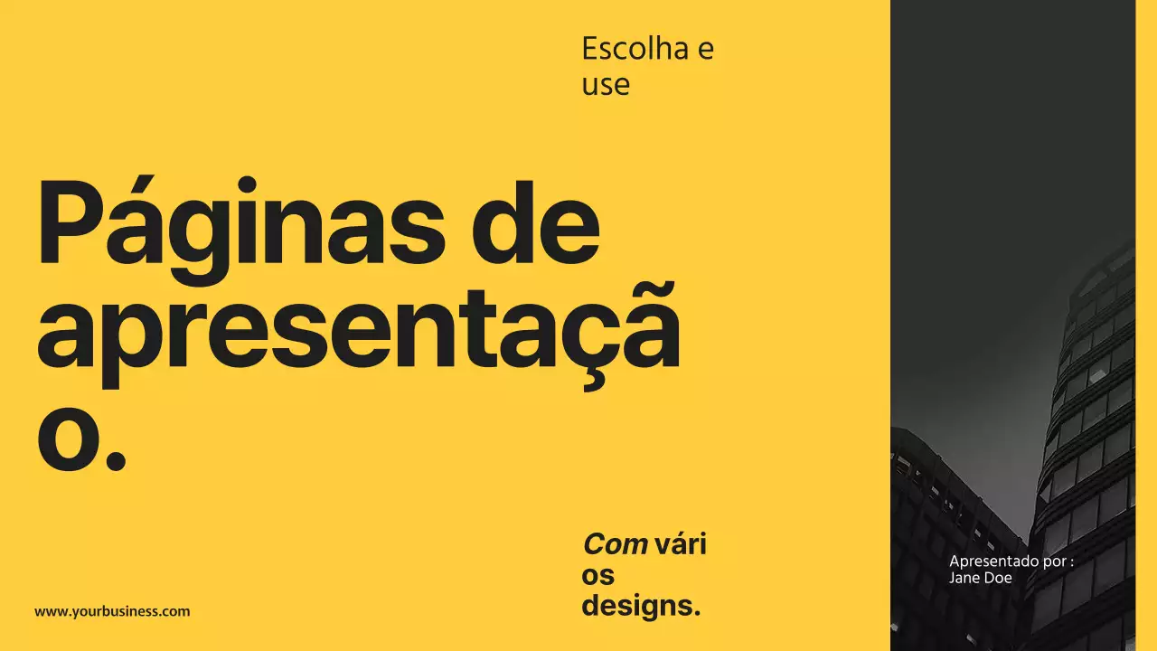 Páginas de apresentação de negócios modernas em preto e amarelo com vários layouts