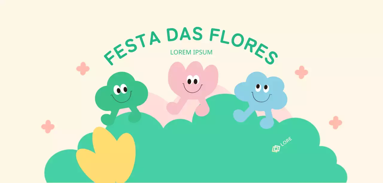 Um festival de flores de cores vivas, com personagens engraçadas e flores, nuvens e relva