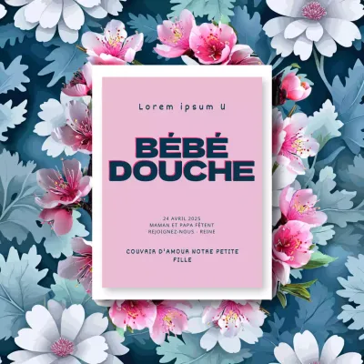 Invitation à la fête de bébé avec fleurs bleues et roses