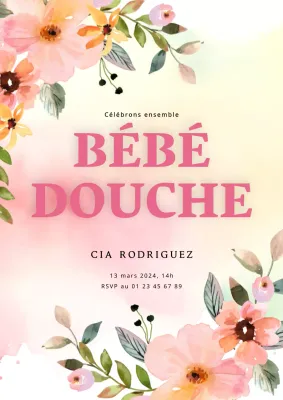 Invitation à la fête de bébé rose et crème avec fleurs délicates