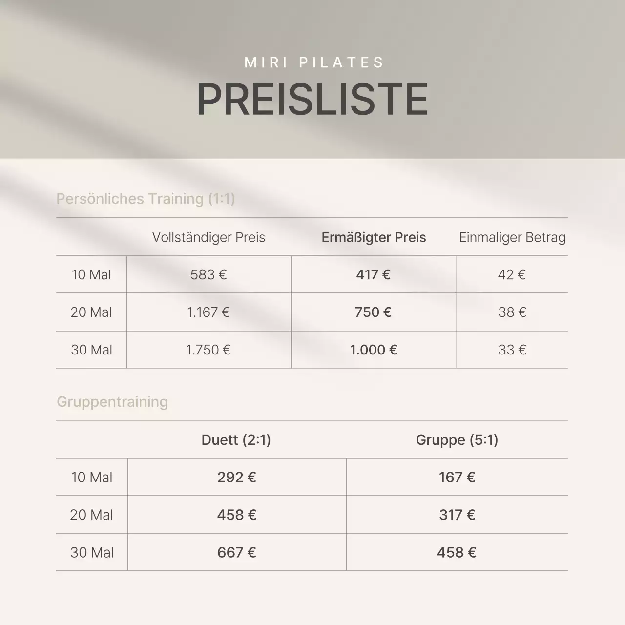 Modern Pilates in Beige und Gelb Social Media Marketing Preisgestaltung und Veranstaltungswerbung