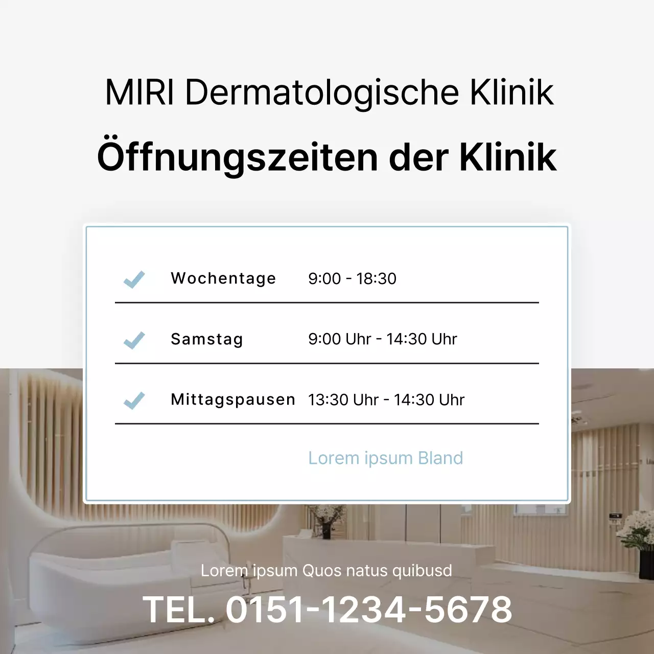 Einfache Dermatologie in Weiß und Hellblau als Werbung für den Informationsführer des Krankenhauses