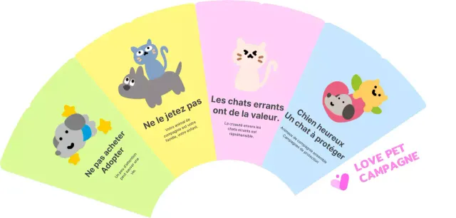 Campagne de défense des animaux de compagnie avec des illustrations d'animaux et beaucoup de couleurs