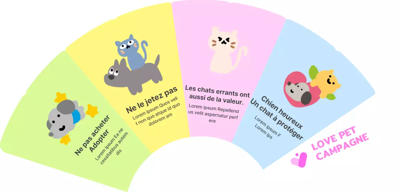 Campagne de défense des animaux de compagnie avec des illustrations d'animaux et beaucoup de couleurs