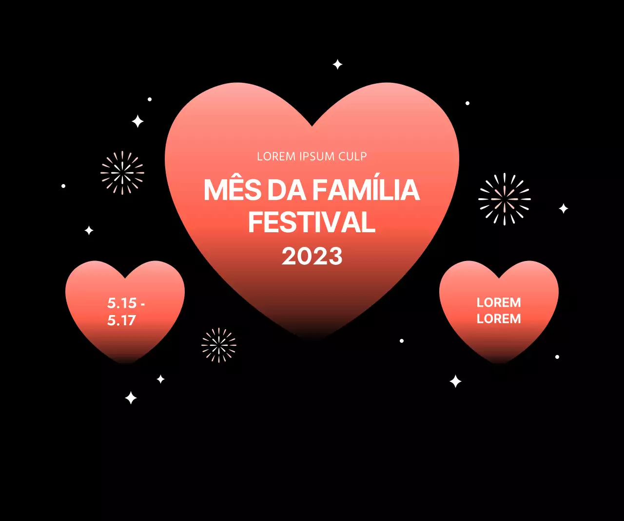 Desenho de um festival com corações em degradé sobre um fundo preto