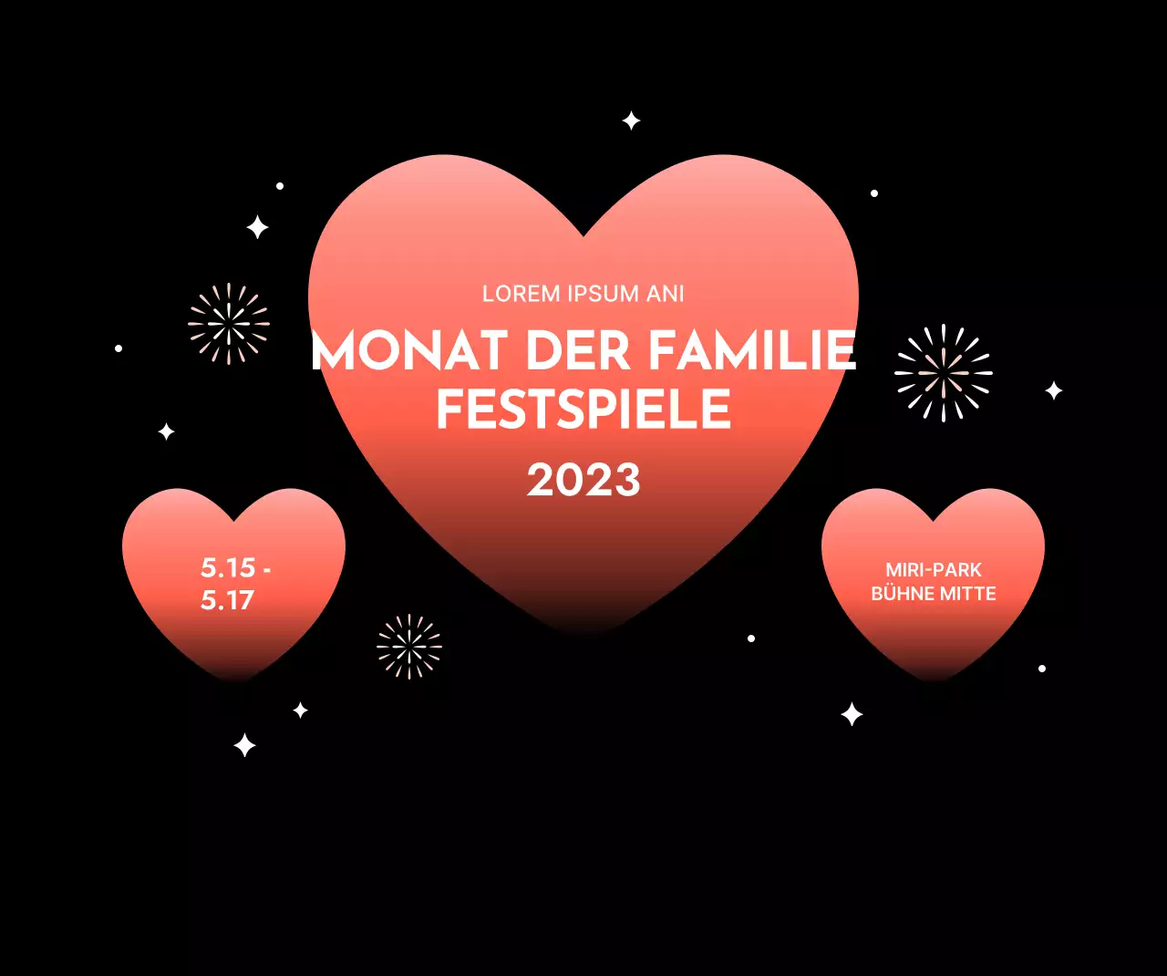 Festival-Design mit Farbverlauf Herzen auf einem schwarzen Hintergrund