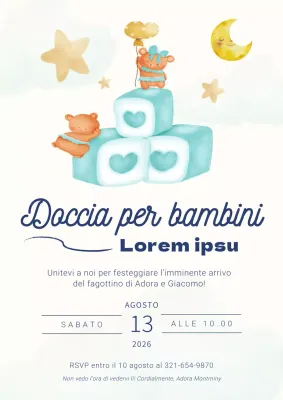 Invito per baby shower per bambino moderno bianco e blu