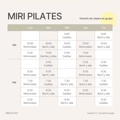 Horario de las clases colectivas de Pilates moderno en beige y amarillo