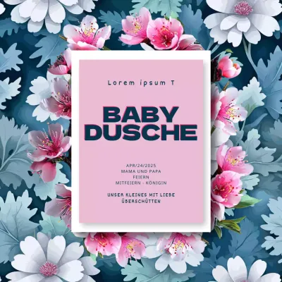 Marineblaue und rosafarbene Babyparty-Einladung mit Blumen