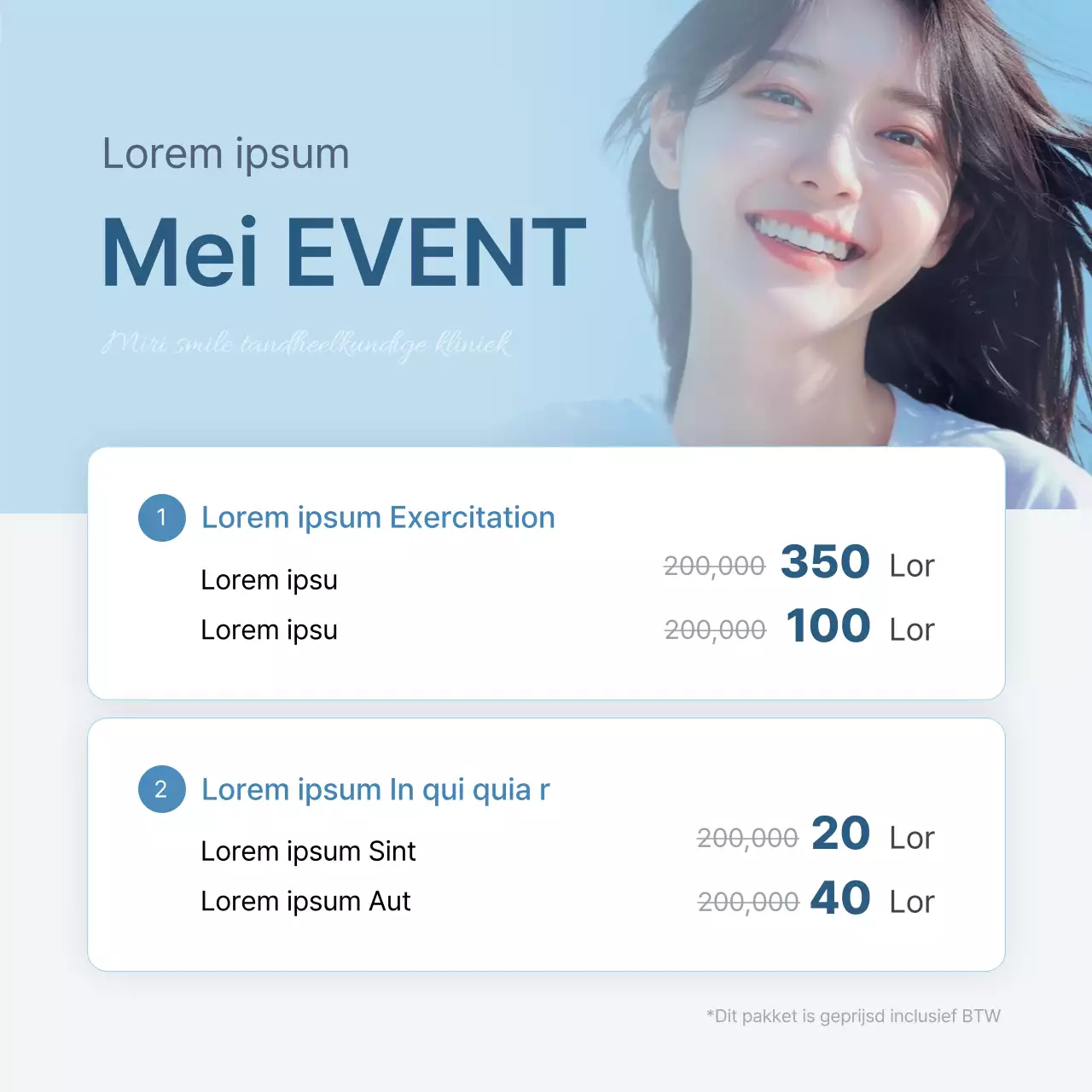 Prijspromotie voor ziekenhuisevenement ter promotie van een eenvoudige tandartspraktijk in wit en lichtblauw