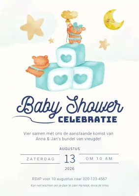 Wit en Blauw Modern Jongen Baby Shower Uitnodiging