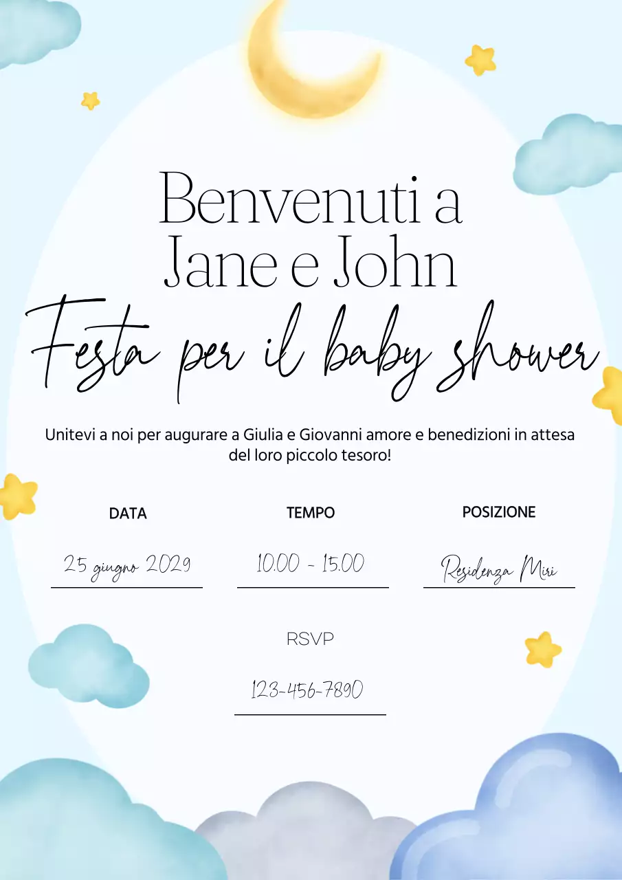 Invito alla festa di benvenuto per baby shower moderno in bianco e blu