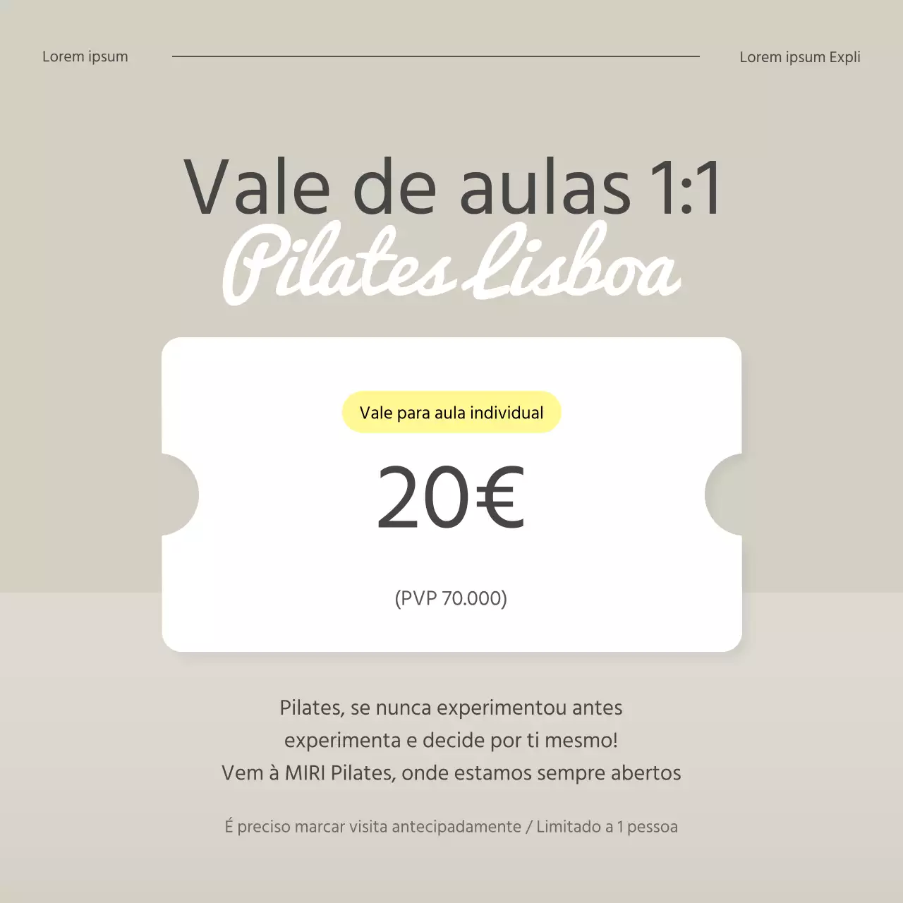 Promover um cupão para uma experiência de aula de Pilates moderna em bege e amarelo