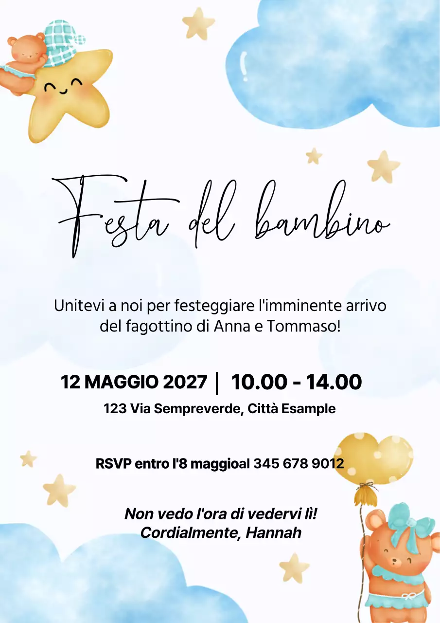Invito per la festa del bebè moderno in bianco e blu