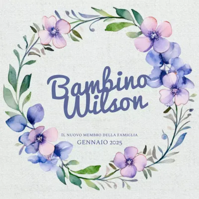 Annuncio floreale blu e viola per il bambino Wilson