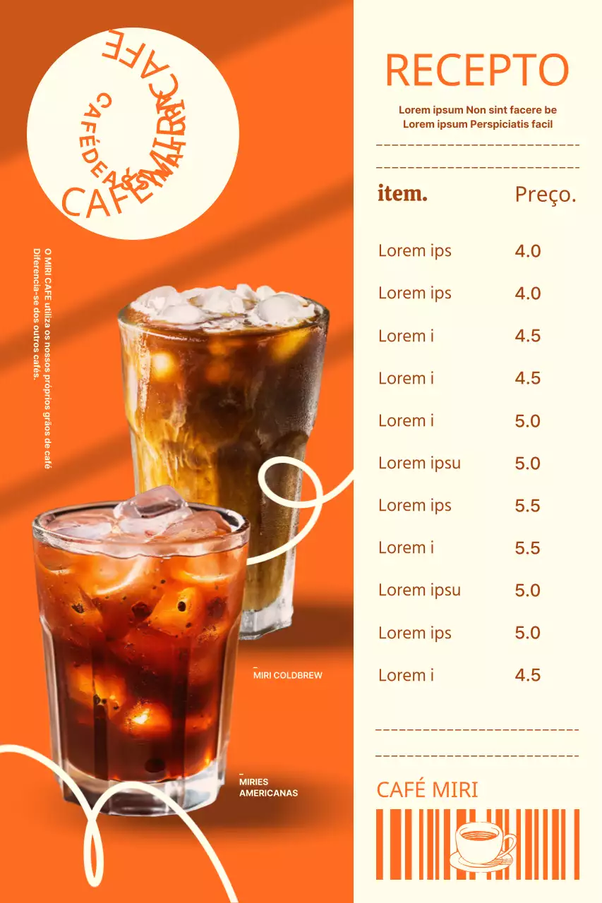 Promoção de café e cartaz de menu com fundo laranja