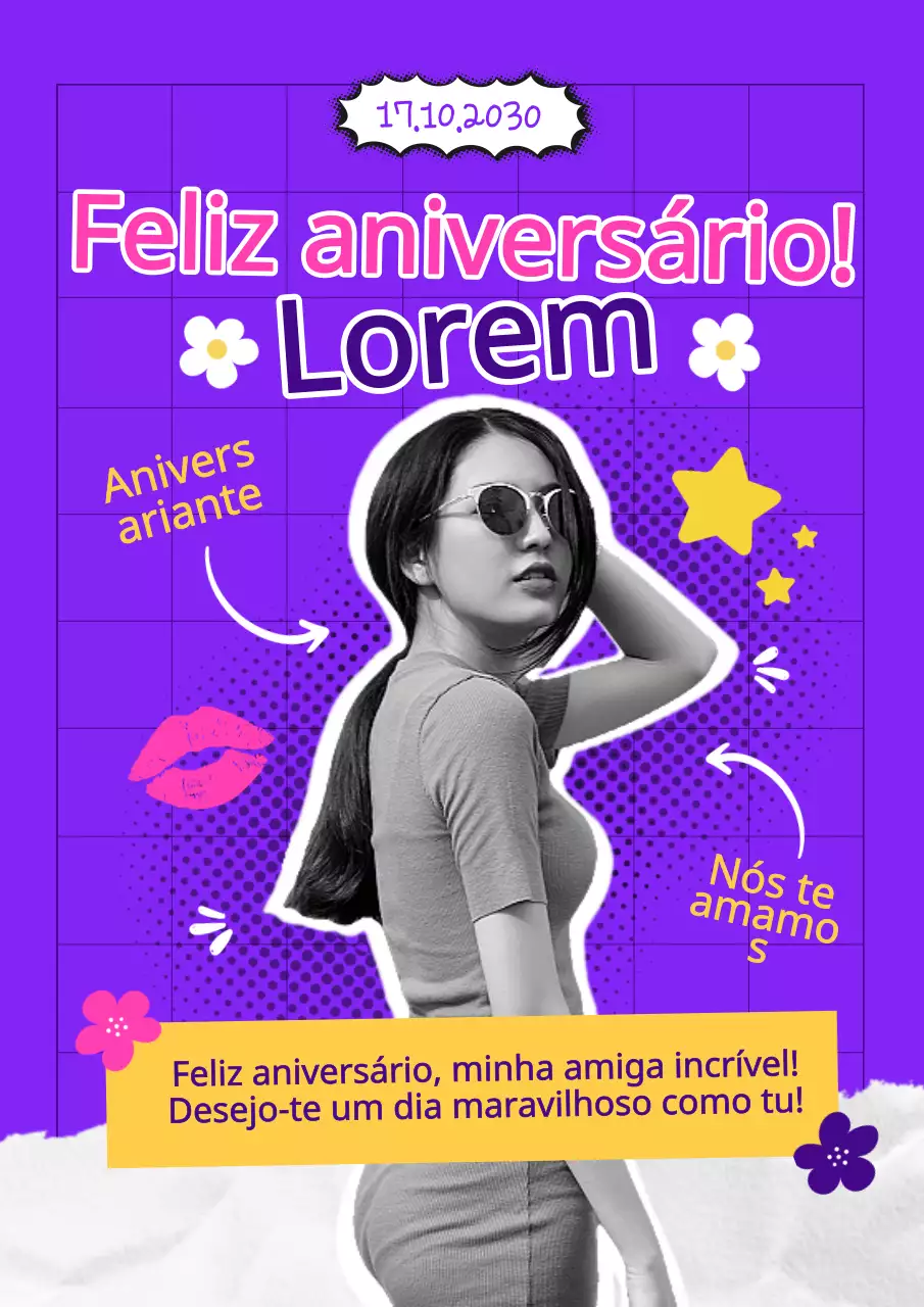 Popart amarelo púrpura Tendência festiva de aniversário para amigos