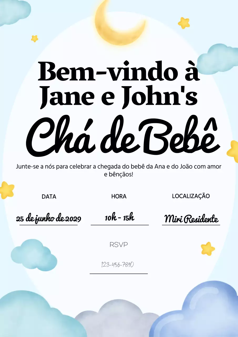 Convite moderno azul e branco para festa de boas-vindas ao bebé