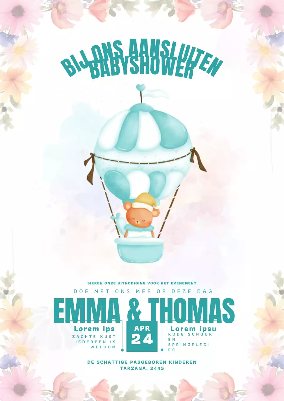 Uitnodiging voor de baby shower in hemelsblauw en perzik
