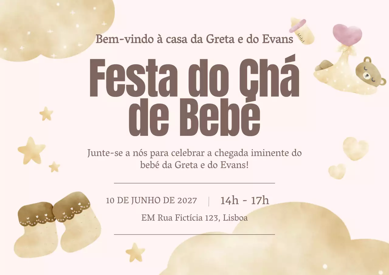 Convite para festa de chá de bebé moderno castanho e bege