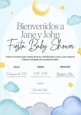 Invitación moderna azul y blanca para la fiesta de bienvenida al bebé